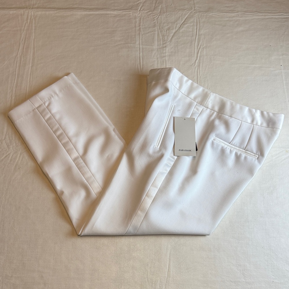 Zara Basic Women's White Satin Detail Tuxedo Pants Size M NWT